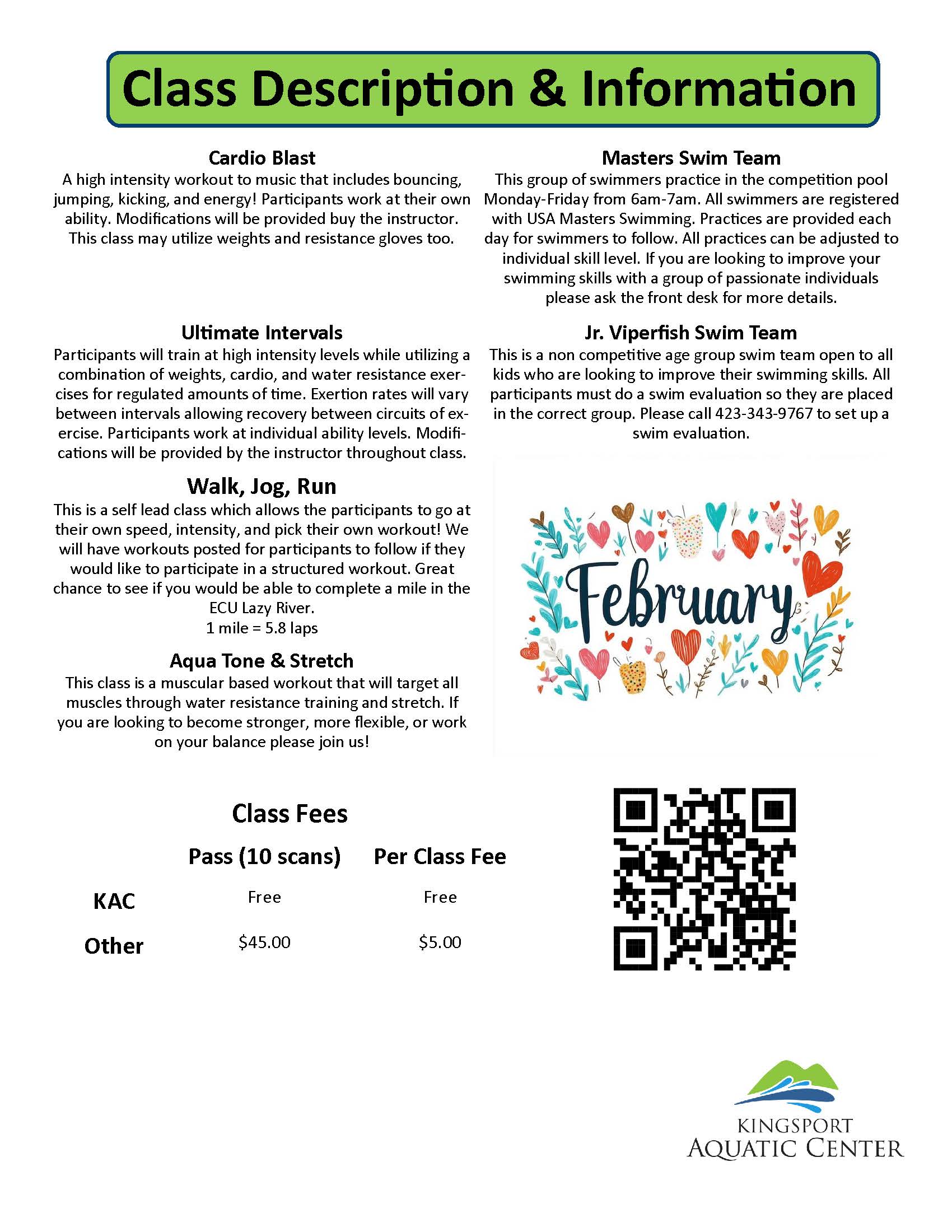 February 2026 Water Aerobics Calendar Descriptions