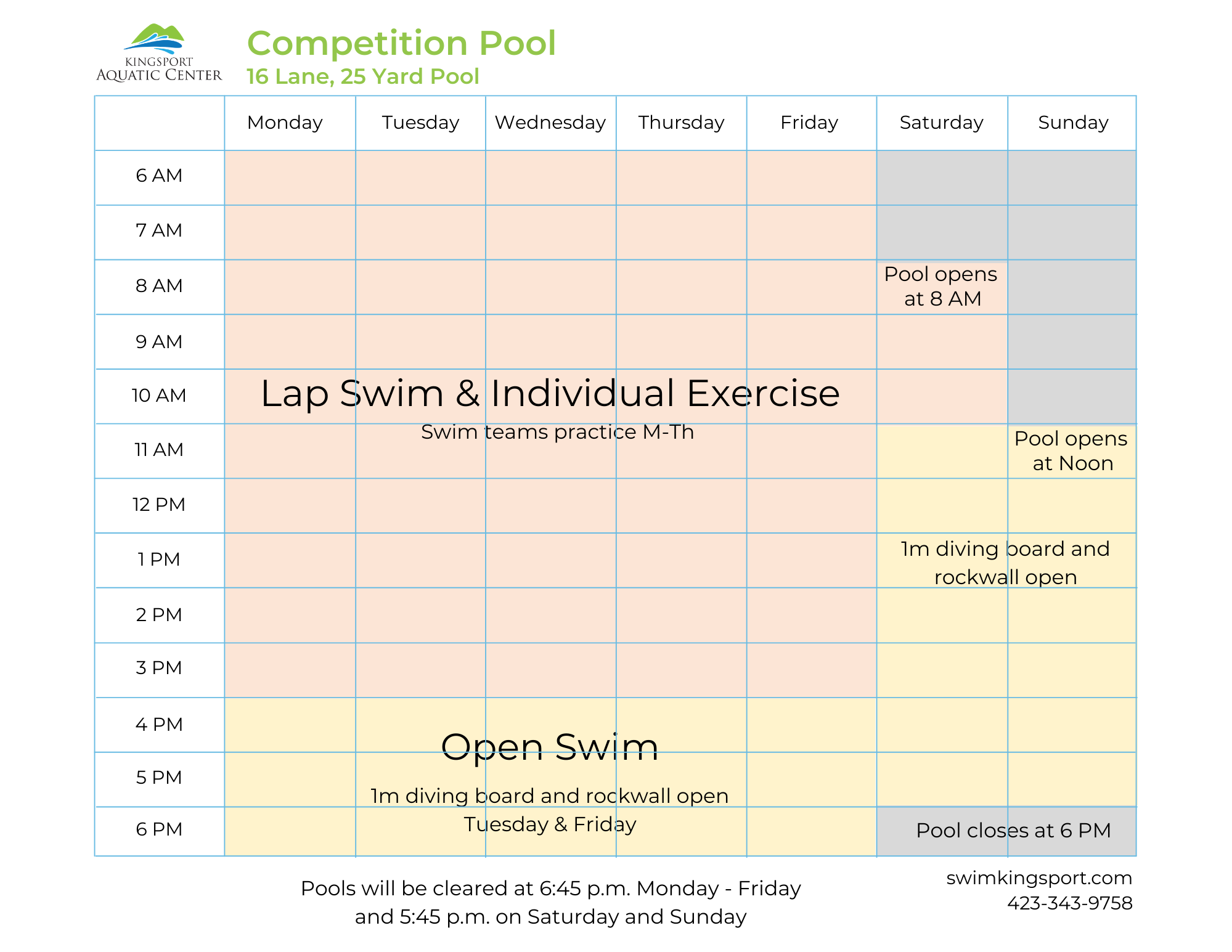 16 lane, 25 yard pool. Lap swim and individual exercise: Monday through Friday from 6 a.m. to 4 p.m. and 8 a.m. to 11 a.m. on Saturday. Open swim: Monday through Friday from 4 to 6 p.m., Saturday from 11 a.m. to 6 p.m., and Sunday from Noon to 6 p.m. 1m diving board and rockwall open on Tuesday, Friday, Saturday and Sunday. Saturday and Sunday: Pool closes at 6 p.m. Pools will be cleared at 6:45 p.m. Monday through Friday and 5:45 p.m. on Saturday and Sunday.