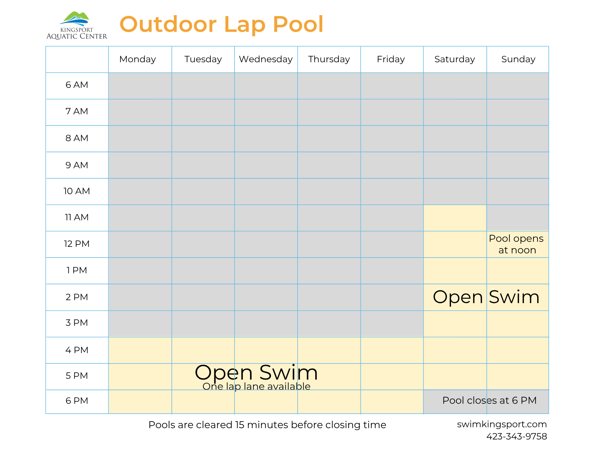 Outdoor Lap Pool Schedule: Open Swim (One lap lane available) on Monday – Friday: 4 to 7 p.m. and Open Swim on Saturday: 11 a.m. to 6 p.m. and Sunday: 12 to 6 p.m. Pools are cleared 15 minutes before closing time.
